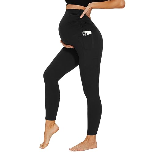 DDOBB Damen Umstandsleggings mit Taschen High Waist Umstandshose Blickdichte Schwangerschaftsleggings Weich Elastisch Umstandsmode Zuhause Yoga Sport(schwarz, S)