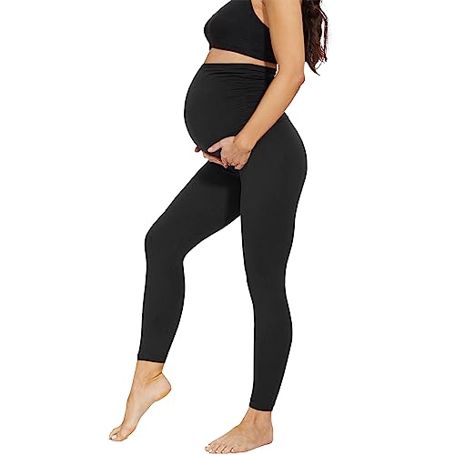 AMIYOYO Damen Umstandsleggings High Waist Schwangerschaftsleggings Blickdicht Umstandshose Freizeithose Stretch Umstandsmode für Schwangere Lang(Schwarz,XL)