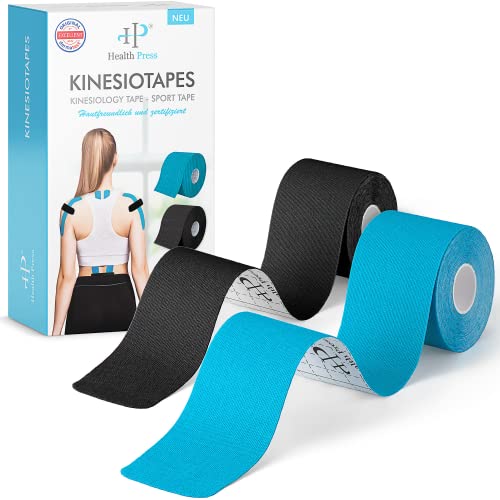 Health Press® Kinesiotapes - 2 Kinesiologie Tape Rollen Blau + Schwarz (5cm x 5m) Kinesiotape - Profi Physio Tape und Sporttape - Hautfreundliche Tapes DERMATEST: SEHR GUT