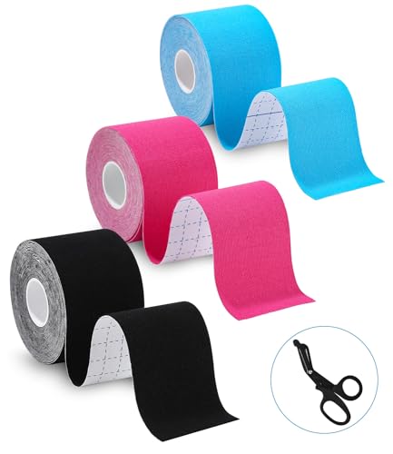 TIDEVAN 3 Rollen Sporttape (5m x 5cm) Kinesiologie Tape Physio Tape Sport Tape Set, Wasserfestes & Hautfreundliche Kinesiotape mit Spezielle Schere, für Knieschmerzen, Ellenbogen und Schulter