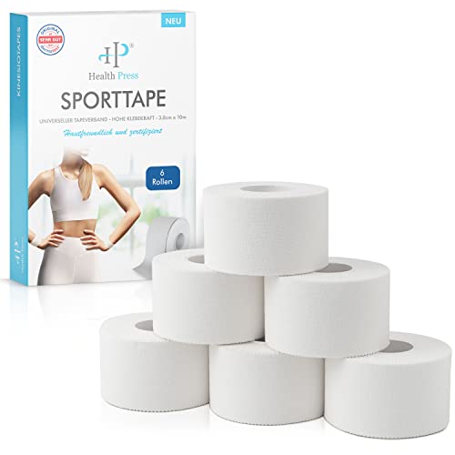 Health Press® Sporttape - 6 Tape Rollen (3,8cm x 10m) - Sporttape weiß - reißbares Profi Sport Tape - Sport Tapeverband für alle Sportarten