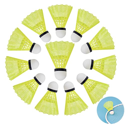 12 Stück Nylon Federbälle Set, Leichte Badminton Bälle, Kunststoff Badmintonbälle für Indoor und Outdoor Übung, Spiel (Gelb)